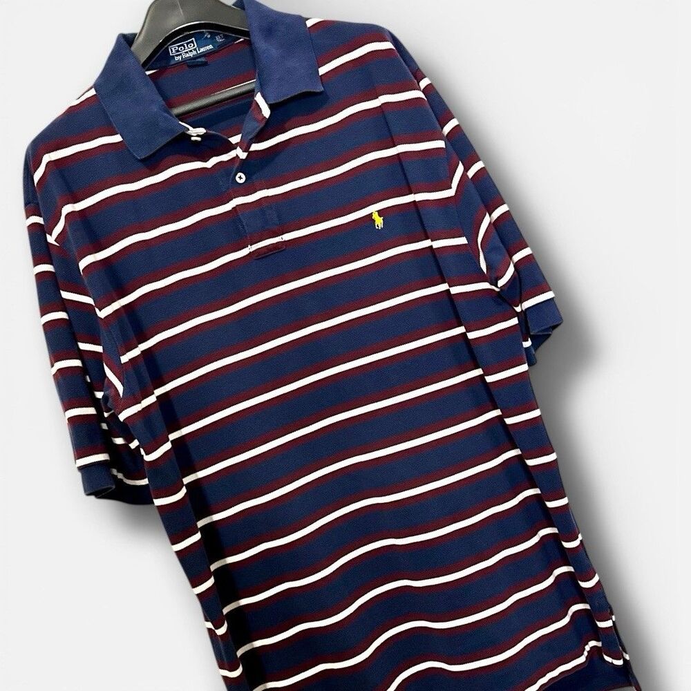 Polo Ralph Lauren Polo Shirt Navy Blue Burgundy White Stripes Mens Sz XLT - TALL